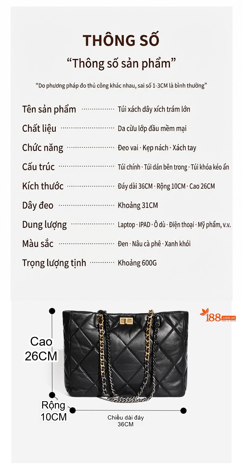 Túi Tote Nữ Da Cừu Sức Chứa Lớn Đeo Vai Dây Xích Trám Màu Đen, Nâu chi tiết 3