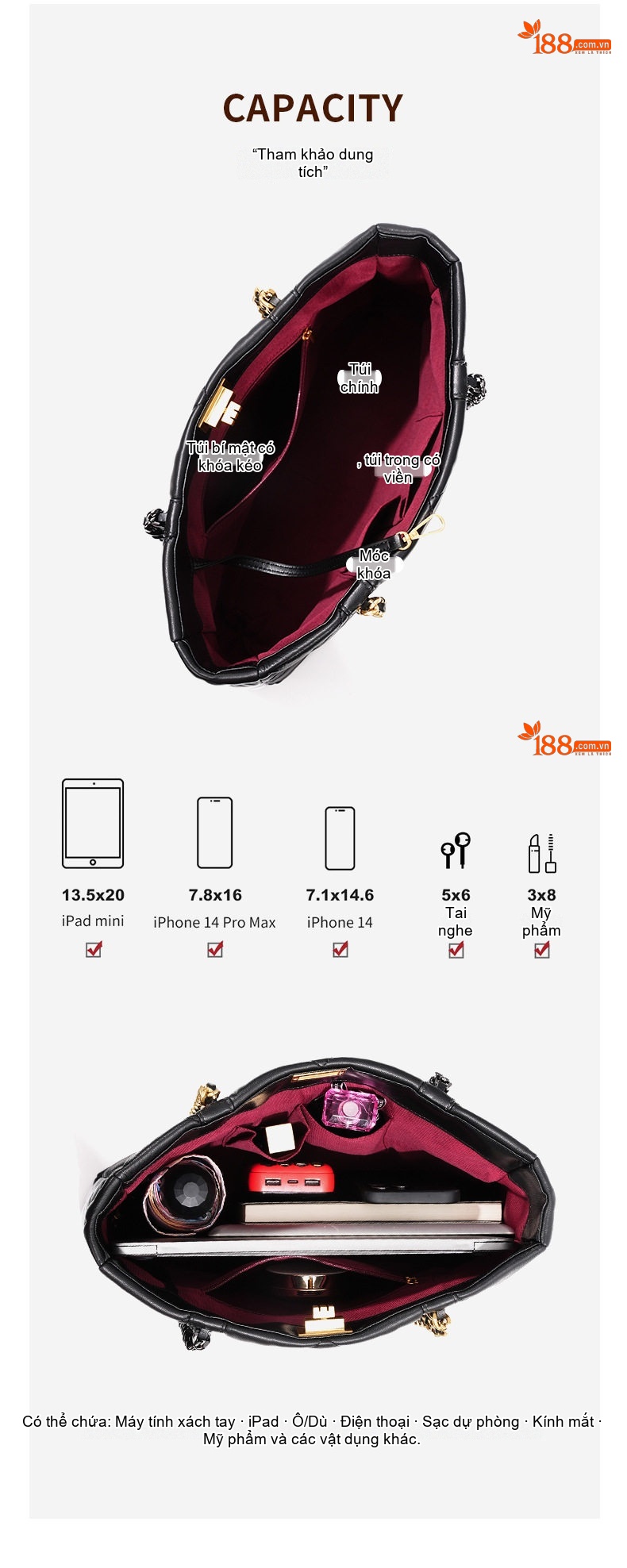 Túi Tote Nữ Da Cừu Sức Chứa Lớn Đeo Vai Dây Xích Trám Màu Đen, Nâu chi tiết 4