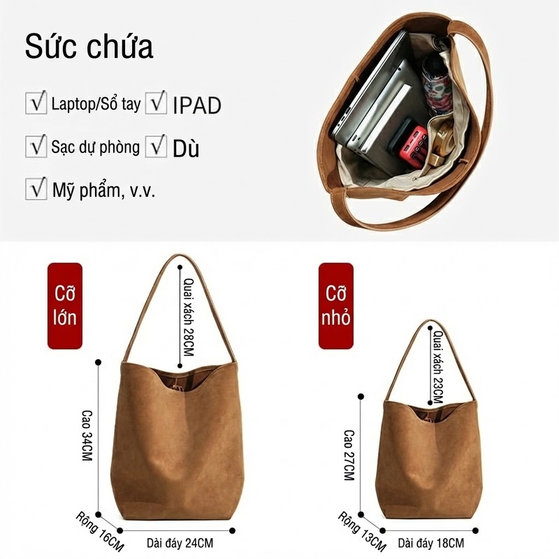Túi Tote Nữ Da Lộn Cao Cấp Công Sở Đựng Vừa A4 Màu Nâu