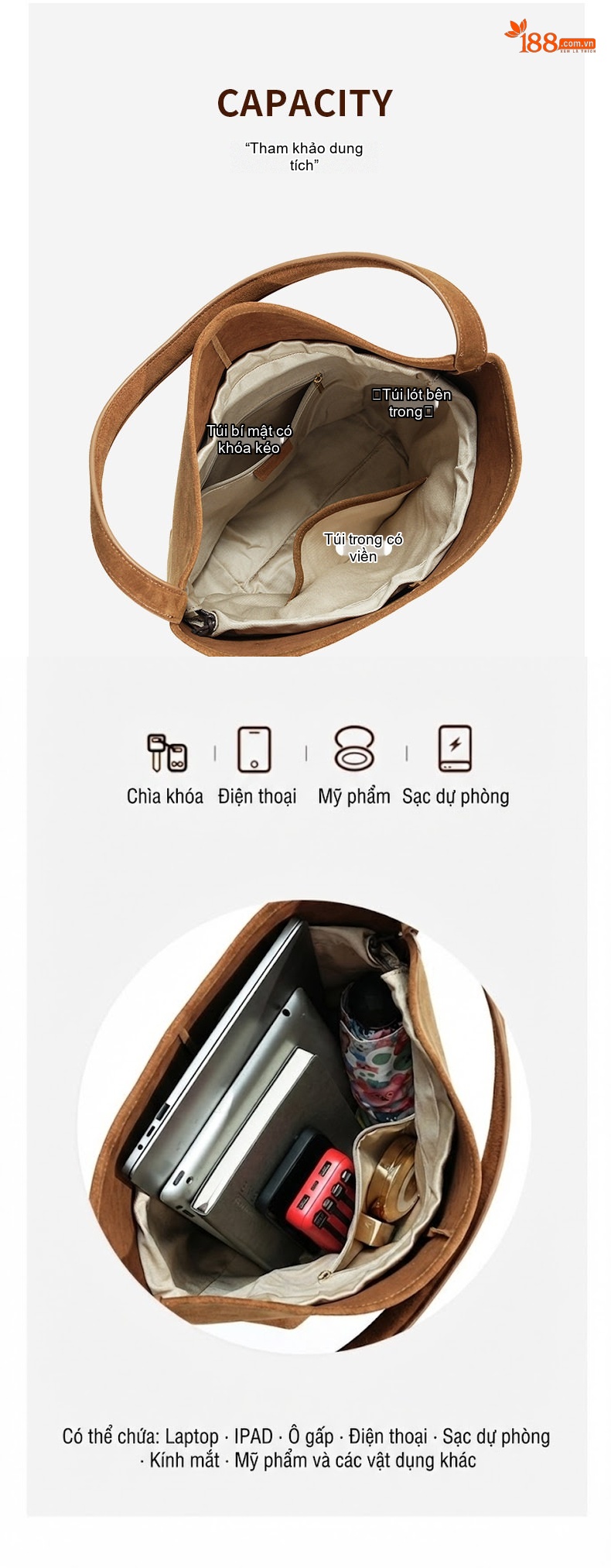 Túi Tote Nữ Da Lộn Cao Cấp Công Sở Đựng Vừa A4 Màu Nâu chi tiết 4