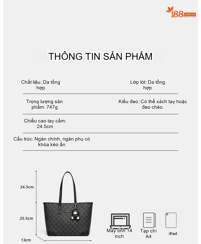 Túi Tote Nữ Da Mềm Sức Chứa Lớn Đeo Vai Đi Học Đi Làm Màu Đen chi tiết 9