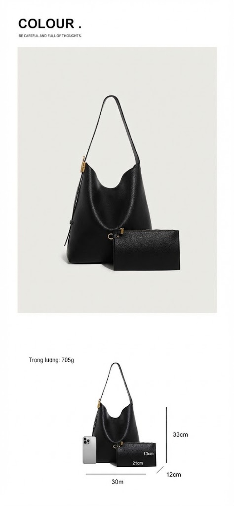 Túi Tote Nữ Da Mềm Sức Chứa Lớn Đeo Vai Đi Làm Thời Trang Màu Đen, Nâu chi tiết 2