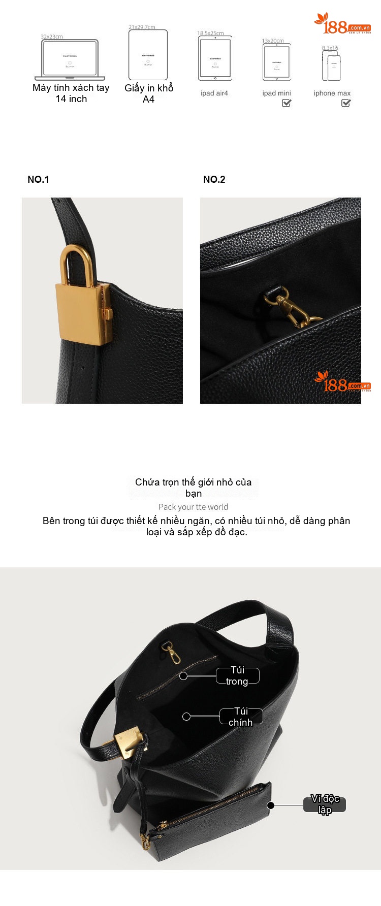Túi Tote Nữ Da Mềm Sức Chứa Lớn Đeo Vai Đi Làm Thời Trang Màu Đen, Nâu chi tiết 3