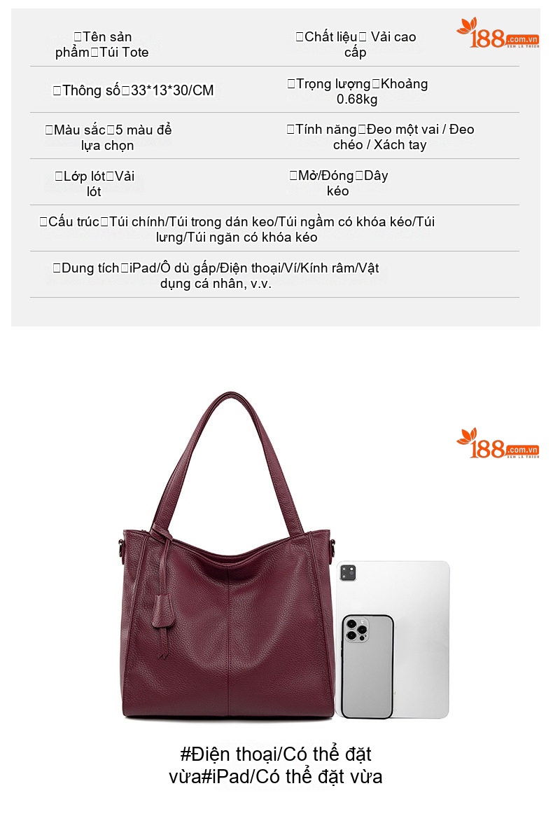 Túi Tote Nữ Da Mềm Sức Chứa Lớn Phong Cách Thời Trang Công Sở Màu Đen, Đỏ Rượu, Nâu chi tiết 4