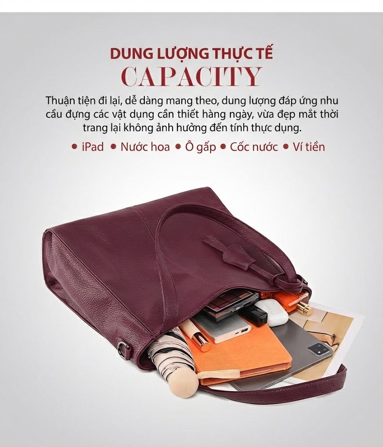 Túi Tote Nữ Da Mềm Sức Chứa Lớn Phong Cách Thời Trang Công Sở Màu Đen, Đỏ Rượu, Nâu chi tiết 11