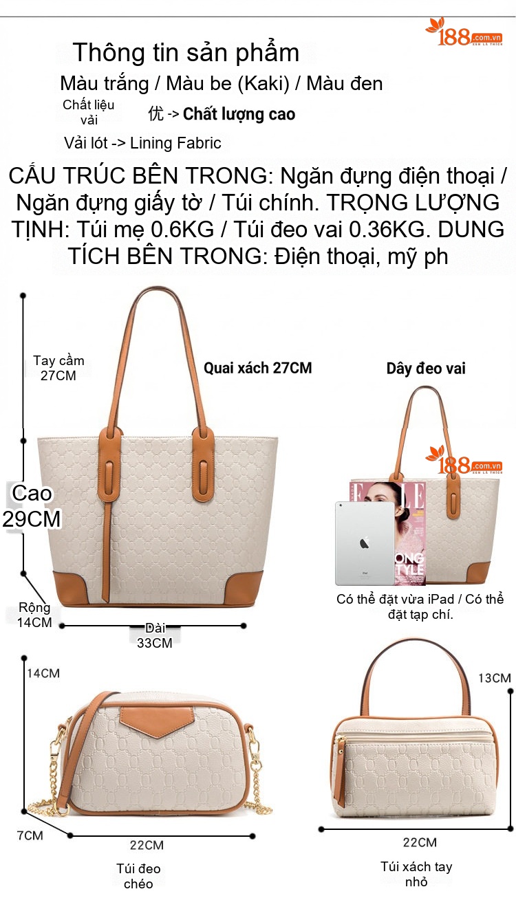 Túi Tote Nữ Da Mềm Thời Trang Đeo Vai, Đeo Chéo, Túi Lớn, Bộ 4 Món Màu Kem, Nâu chi tiết 10