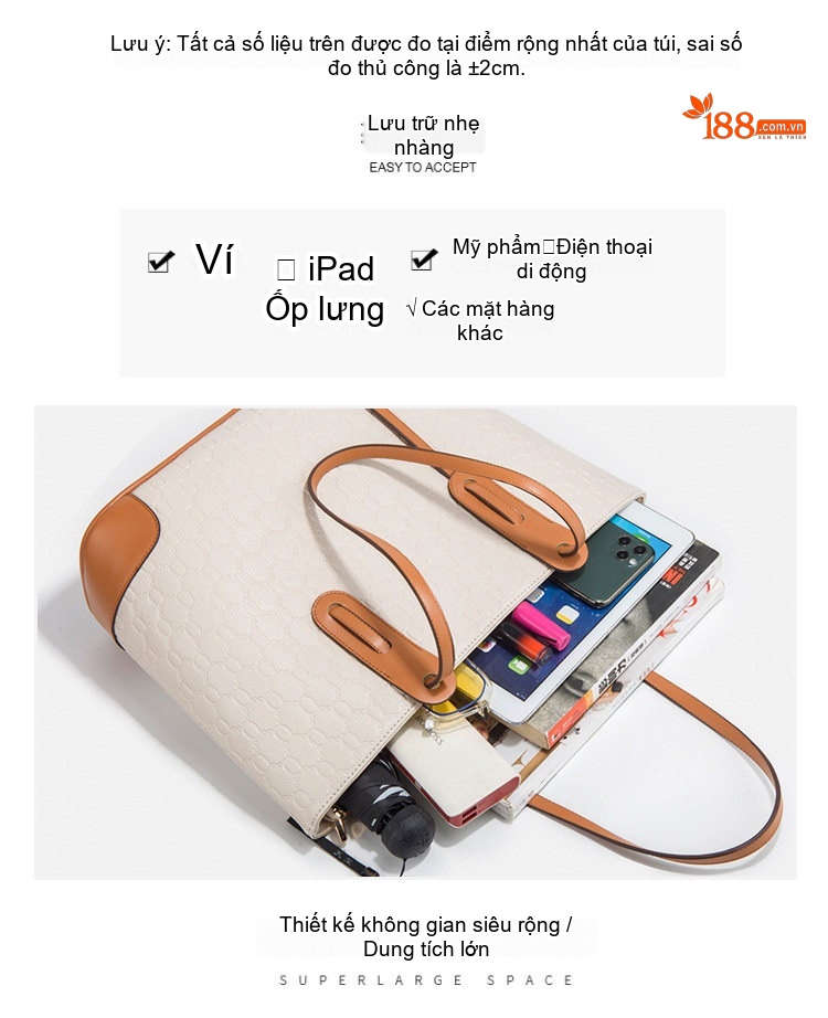Túi Tote Nữ Da Mềm Thời Trang Đeo Vai, Đeo Chéo, Túi Lớn, Bộ 4 Món Màu Kem, Nâu chi tiết 11