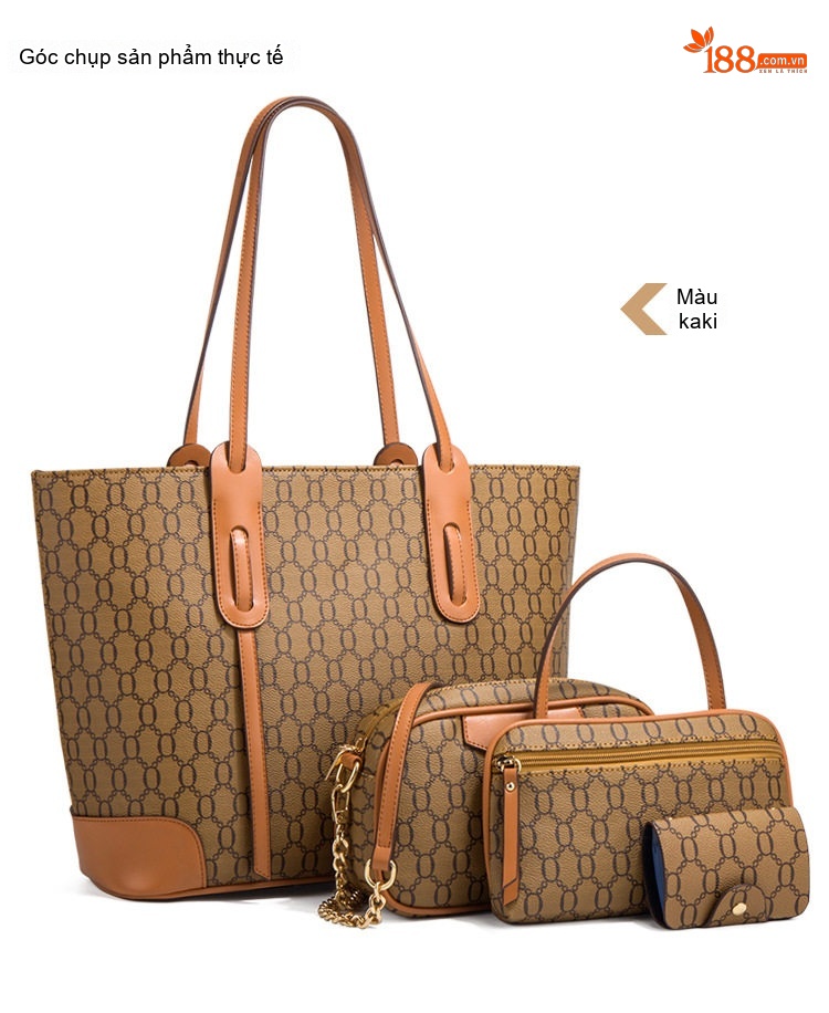 Túi Tote Nữ Da Mềm Thời Trang Đeo Vai, Đeo Chéo, Túi Lớn, Bộ 4 Món Màu Kem, Nâu chi tiết 13