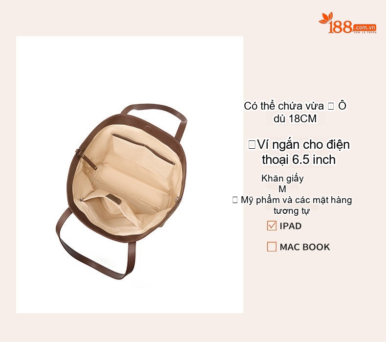 Túi Tote Nữ Da Mờ, Da Bóng, Túi Đeo Vai Nữ Sức Chứa Lớn Phong Cách Cổ Điển Màu Nâu, Be chi tiết 10