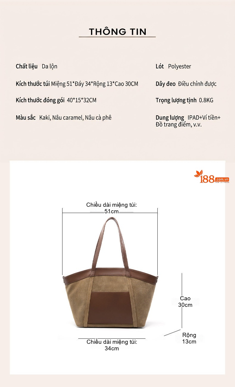 Túi Tote Nữ Da Mờ, Da Bóng, Túi Đeo Vai Nữ Sức Chứa Lớn Phong Cách Cổ Điển Màu Nâu, Be chi tiết 9