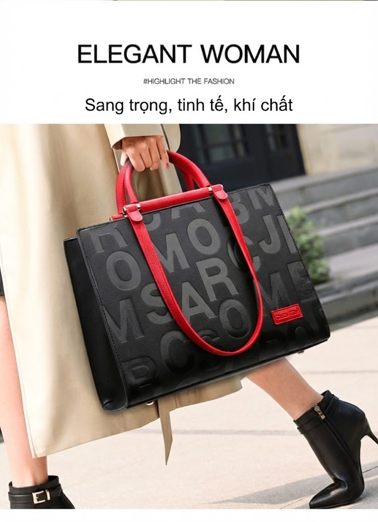 Túi Tote Nữ Da Mờ Dập Chữ Phong Cách Âu Mỹ Cổ Điển, Túi Xách Tay Nữ Công Sở Đeo Vai Màu Đen, Đỏ chi tiết 1