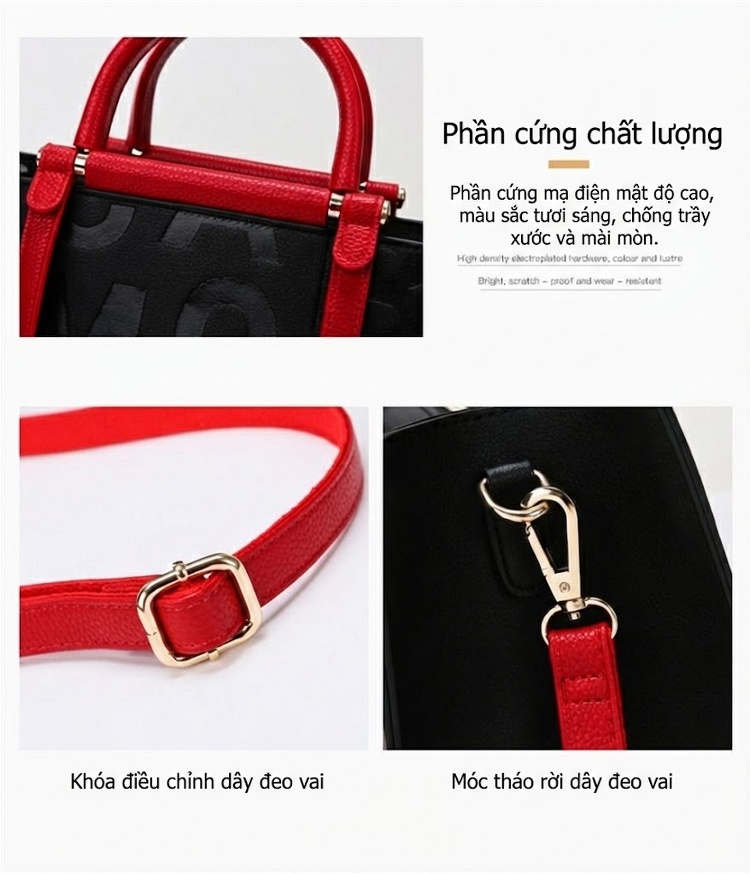 Túi Tote Nữ Da Mờ Dập Chữ Phong Cách Âu Mỹ Cổ Điển, Túi Xách Tay Nữ Công Sở Đeo Vai Màu Đen, Đỏ chi tiết 6