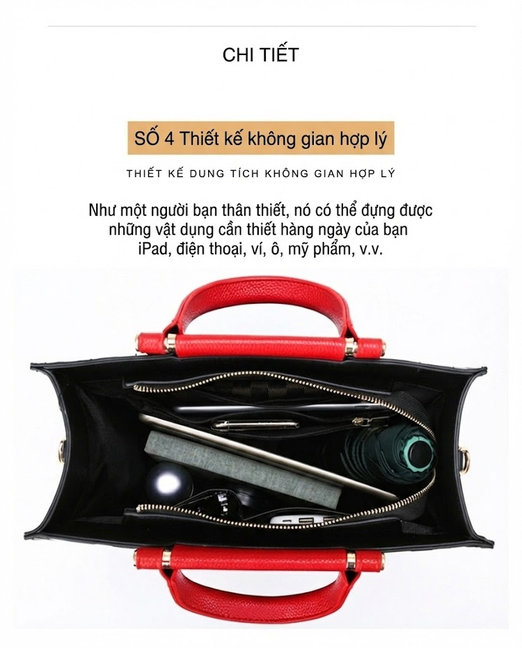 Túi Tote Nữ Da Mờ Dập Chữ Phong Cách Âu Mỹ Cổ Điển, Túi Xách Tay Nữ Công Sở Đeo Vai Màu Đen, Đỏ chi tiết 7