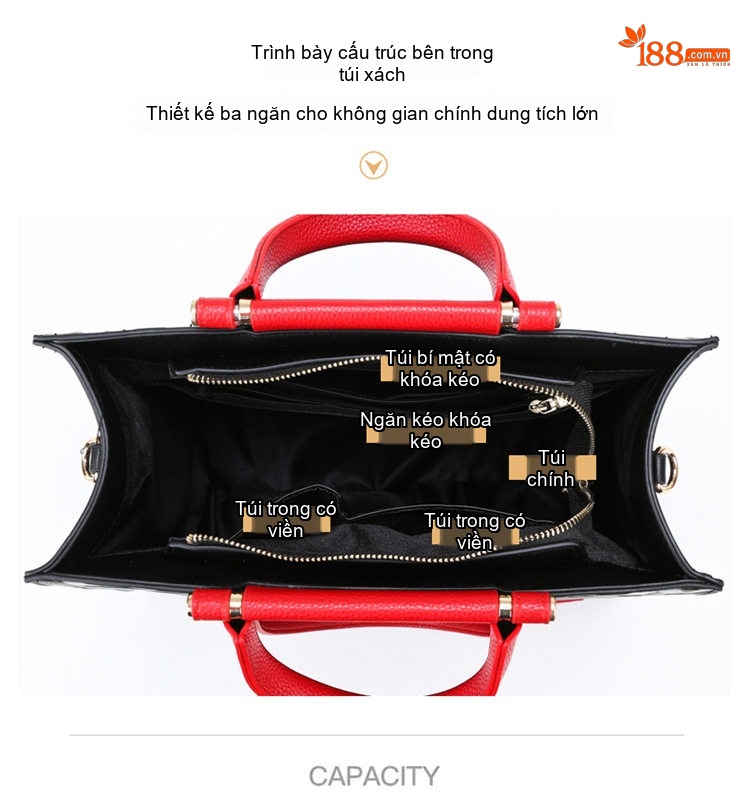 Túi Tote Nữ Da Mờ Dập Chữ Phong Cách Âu Mỹ Cổ Điển, Túi Xách Tay Nữ Công Sở Đeo Vai Màu Đen, Đỏ chi tiết 8