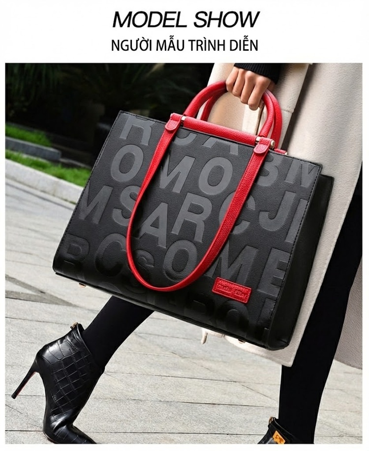 Túi Tote Nữ Da Mờ Dập Chữ Phong Cách Âu Mỹ Cổ Điển, Túi Xách Tay Nữ Công Sở Đeo Vai Màu Đen, Đỏ chi tiết 10