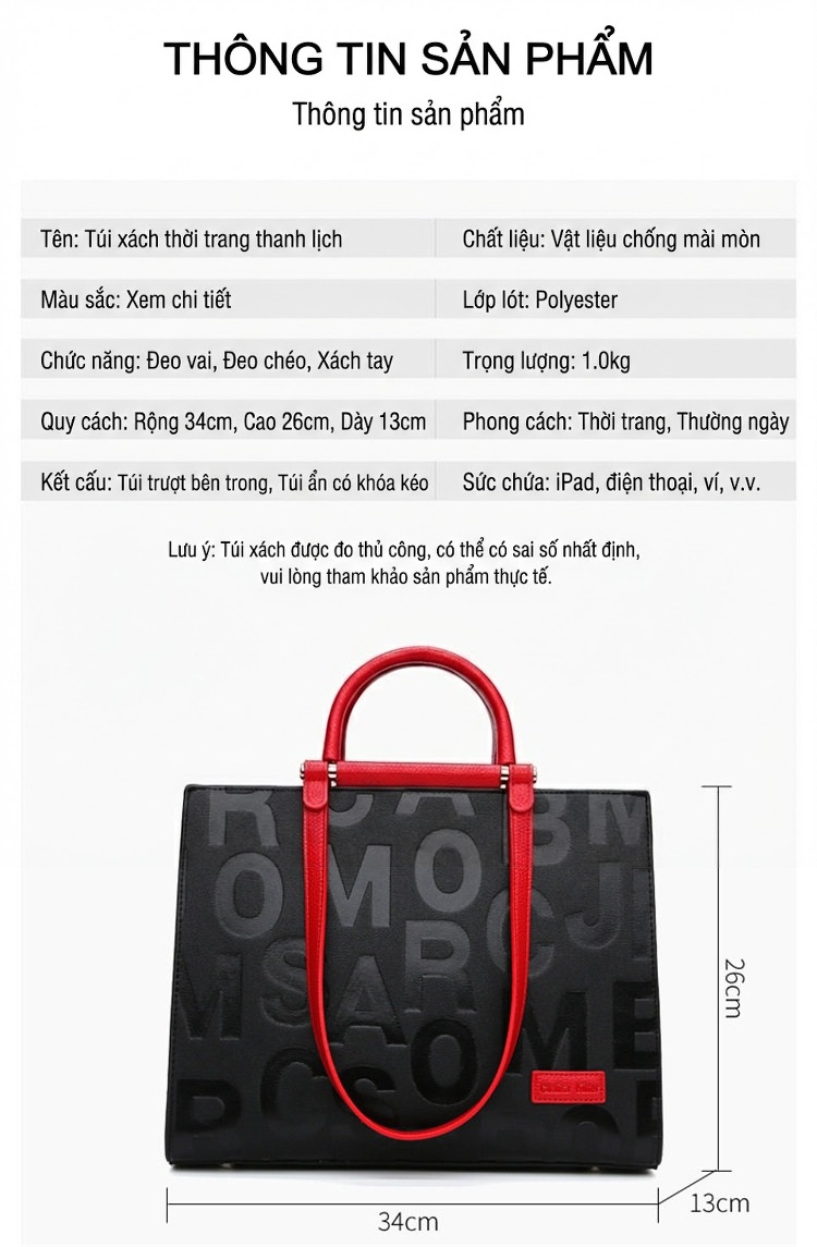 Túi Tote Nữ Da Mờ Dập Chữ Phong Cách Âu Mỹ Cổ Điển, Túi Xách Tay Nữ Công Sở Đeo Vai Màu Đen, Đỏ chi tiết 2