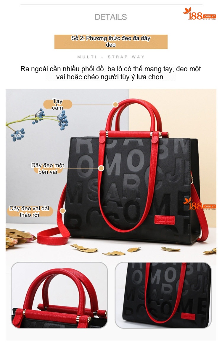 Túi Tote Nữ Da Mờ Dập Chữ Phong Cách Âu Mỹ Cổ Điển, Túi Xách Tay Nữ Công Sở Đeo Vai Màu Đen, Đỏ chi tiết 4