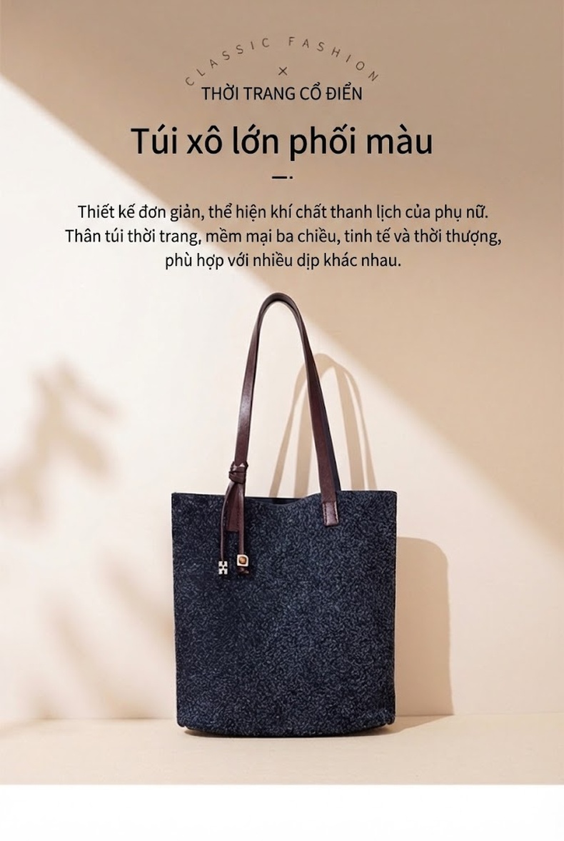 Túi Tote Nữ Da Mờ Đeo Vai Đựng Vừa A4, Laptop Màu Xanh Navy, Đỏ chi tiết 1