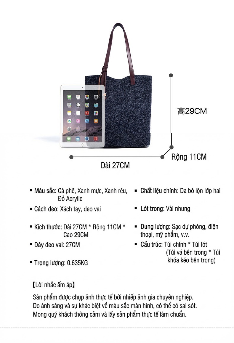 Túi Tote Nữ Da Mờ Đeo Vai Đựng Vừa A4, Laptop Màu Xanh Navy, Đỏ chi tiết 7
