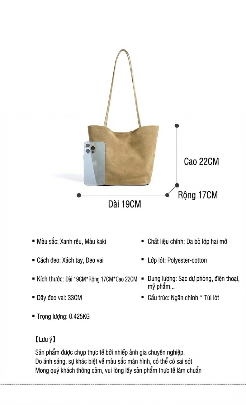 Túi Tote Nữ Da Mờ Đeo Vai Size Lớn Phong Cách Công Sở Màu Nâu, Be chi tiết 8