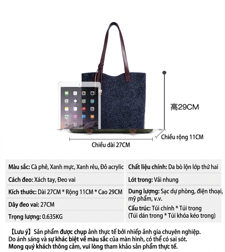 Túi Tote Nữ Da Mờ Đeo Vai Sức Chứa Lớn Màu Xanh Navy, Đỏ chi tiết 7