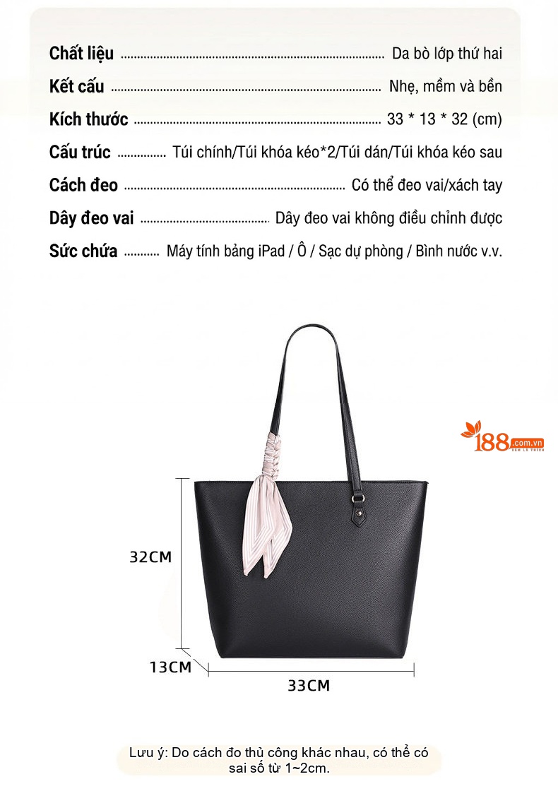 Túi Tote Nữ Da Mờ Đựng Vừa A4 Công Sở Đi Làm Hàng Ngày Màu Đen chi tiết 6