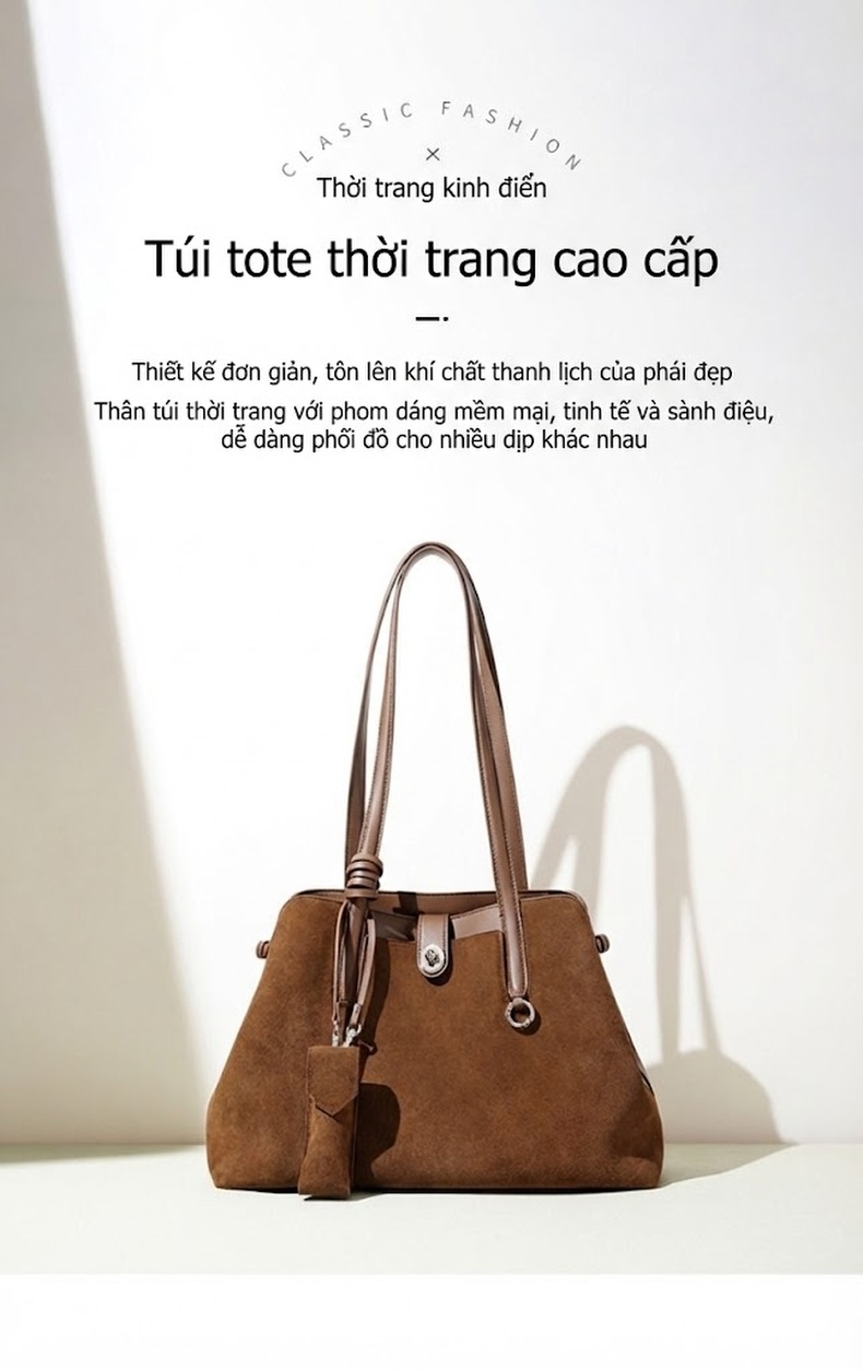 Túi Tote Nữ Da Mờ Lớn Đựng Tài Liệu Đi Làm Phong Cách Cổ Điển Màu Nâu chi tiết 2