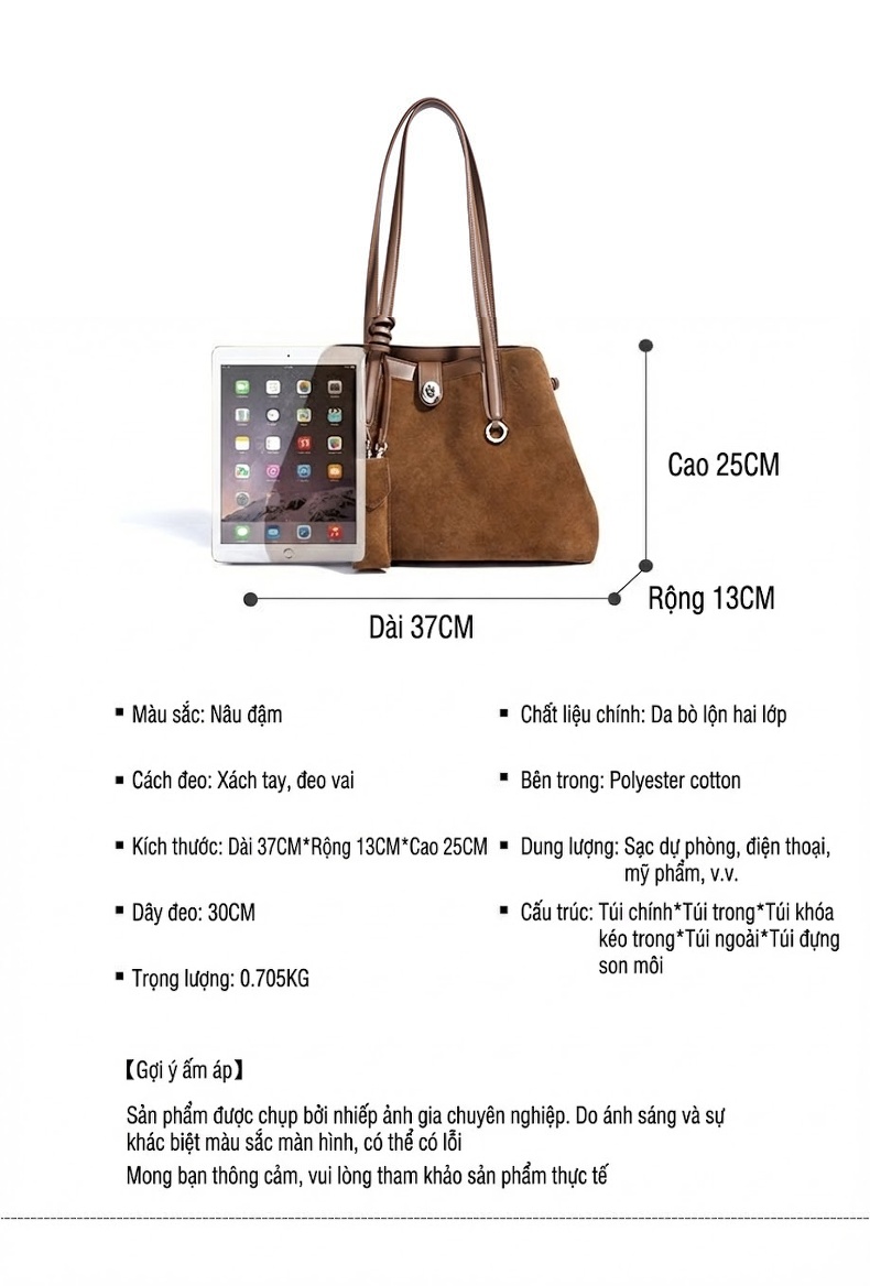 Túi Tote Nữ Da Mờ Lớn Đựng Tài Liệu Đi Làm Phong Cách Cổ Điển Màu Nâu chi tiết 7