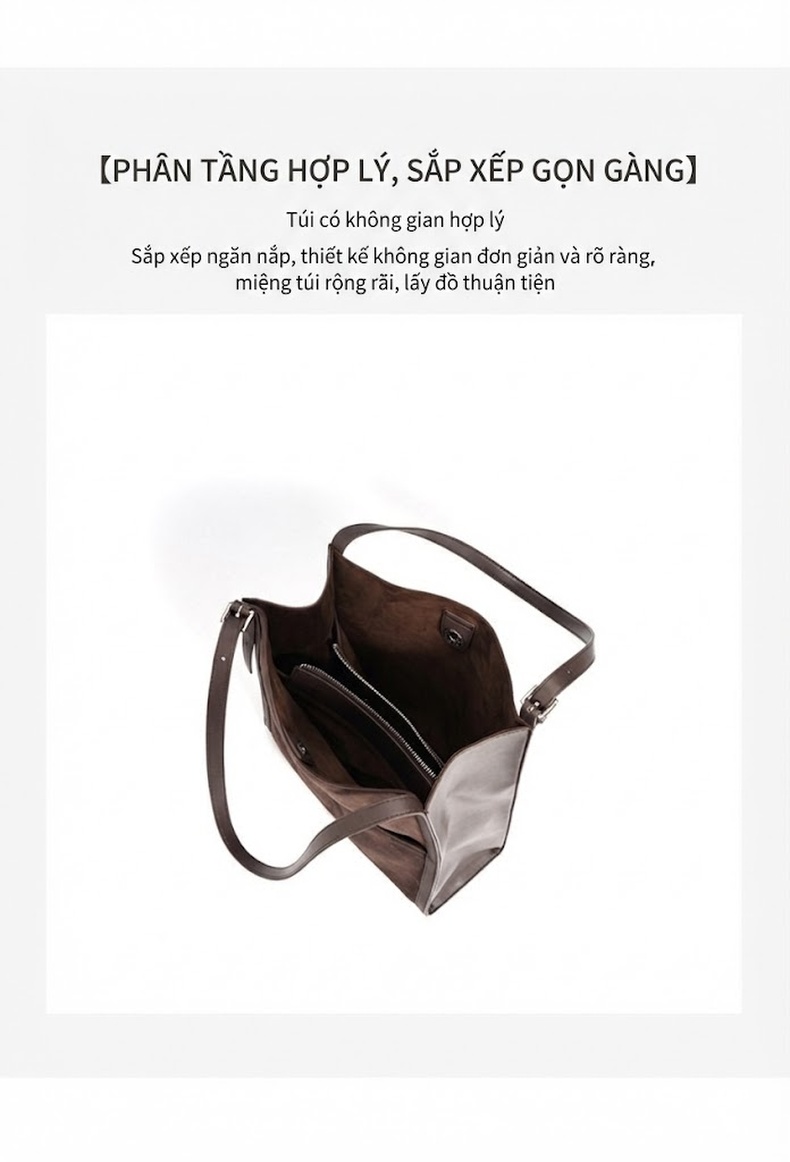 Túi Tote Nữ Da Mờ Lớn Đựng Vừa A4 Phong Cách Retro Màu Nâu chi tiết 10