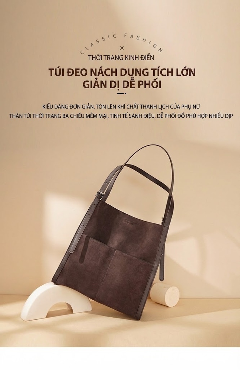 Túi Tote Nữ Da Mờ Lớn Đựng Vừa A4 Phong Cách Retro Màu Nâu chi tiết 2