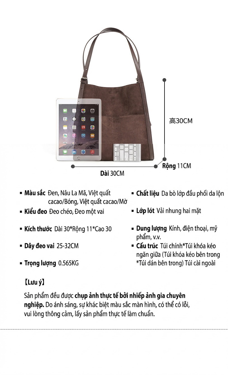 Túi Tote Nữ Da Mờ Lớn Đựng Vừa A4 Phong Cách Retro Màu Nâu chi tiết 9