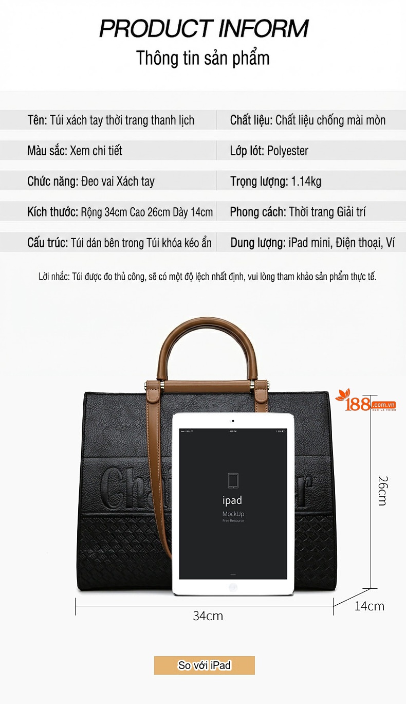 Túi Tote Nữ Da Mờ Sức Chứa Lớn Đeo Vai Phong Cách Thời Trang Màu Đen, Nâu chi tiết 3