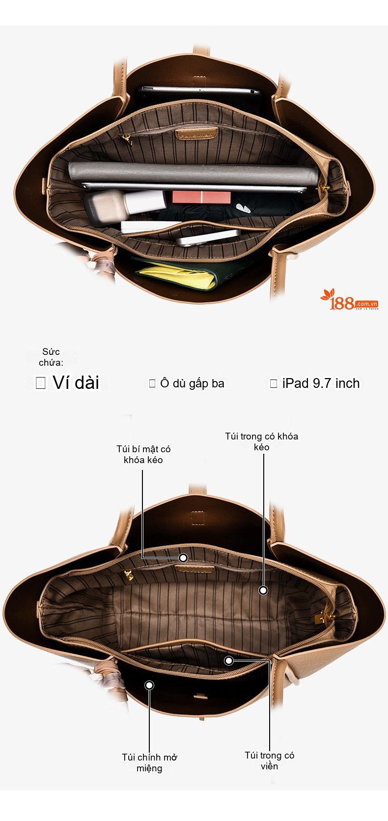 Túi Tote Nữ Da Mờ Sức Chứa Lớn Phong Cách Thanh Lịch Màu Nâu, Đen chi tiết 3