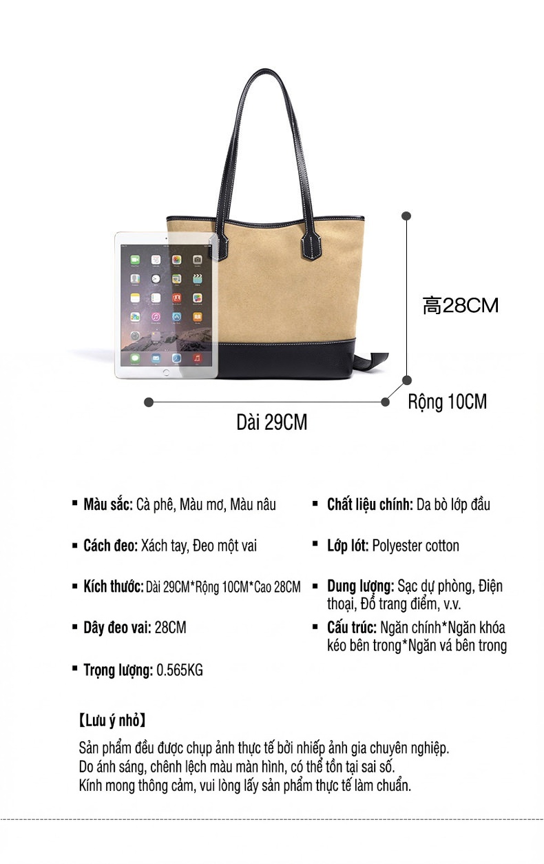 Túi Tote Nữ Da Mờ Sức Chứa Lớn Phong Cách Thời Trang Màu Be, Đen chi tiết 7