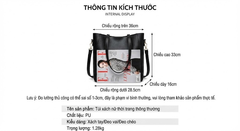 Túi Tote Nữ Da Mờ Sức Chứa Lớn Túi Đeo Vai Túi Xách Tay Công Sở Màu Đen chi tiết 3