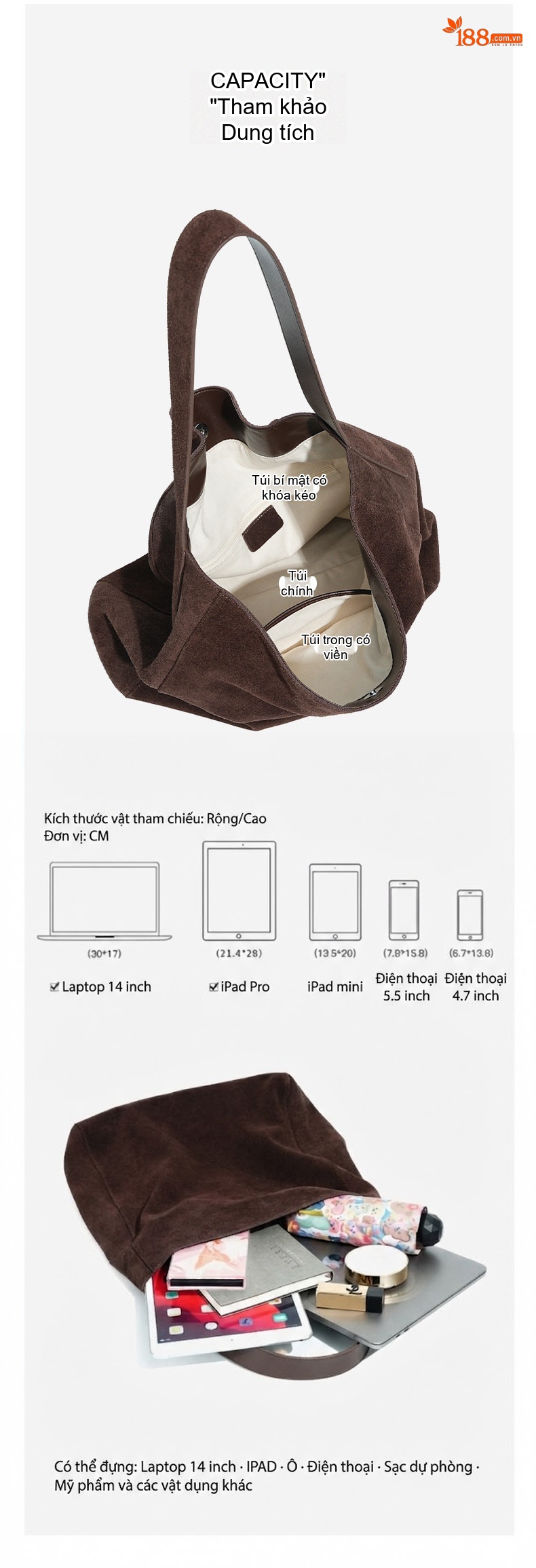 Túi Tote Nữ Da Mờ Suede Đeo Vai Dáng Kẹp Nách Thu Đông Sức Chứa Lớn Màu Nâu, Vàng chi tiết 4