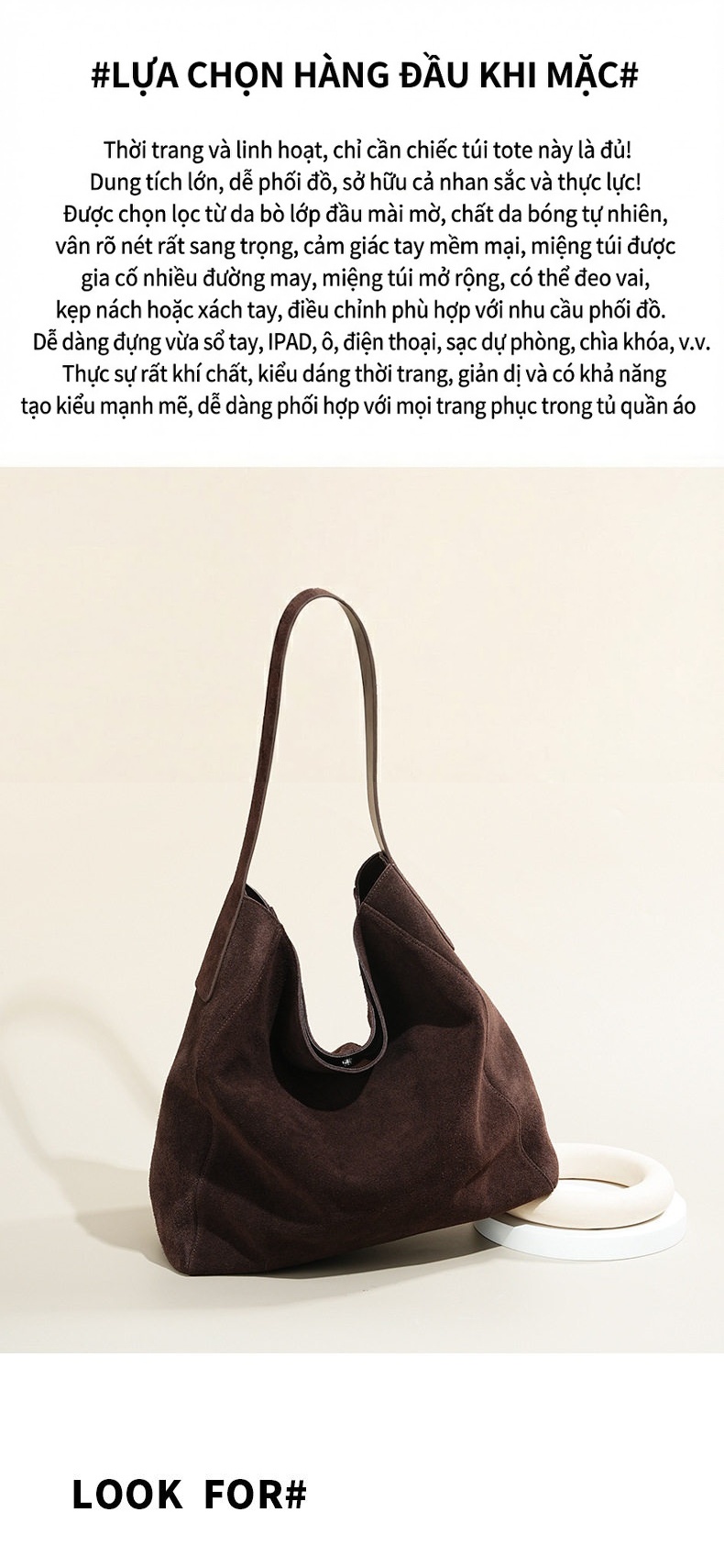 Túi Tote Nữ Da Mờ Suede Đeo Vai Dáng Kẹp Nách Thu Đông Sức Chứa Lớn Màu Nâu, Vàng chi tiết 5