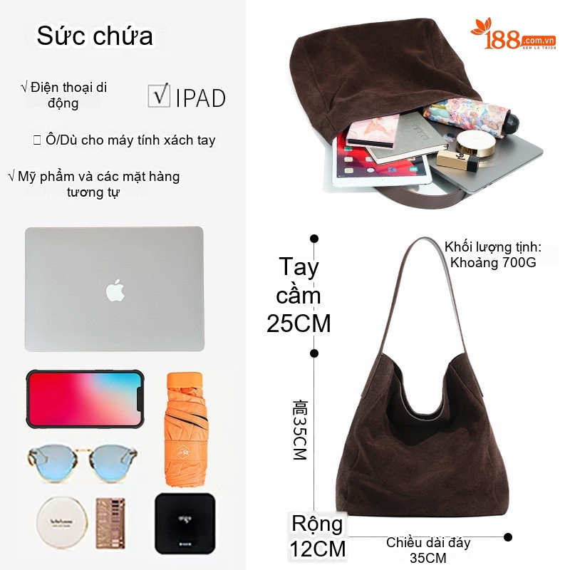 Túi Tote Nữ Da Mờ Suede Đeo Vai Dáng Kẹp Nách Thu Đông Sức Chứa Lớn Màu Nâu, Vàng
