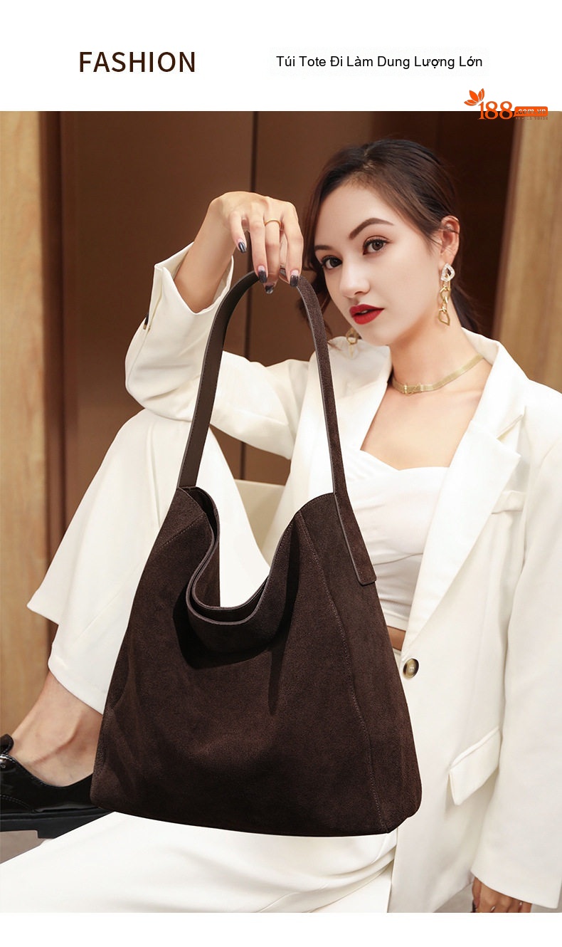 Túi Tote Nữ Da Mờ Suede Đeo Vai Dáng Kẹp Nách Thu Đông Sức Chứa Lớn Màu Nâu, Vàng chi tiết 2