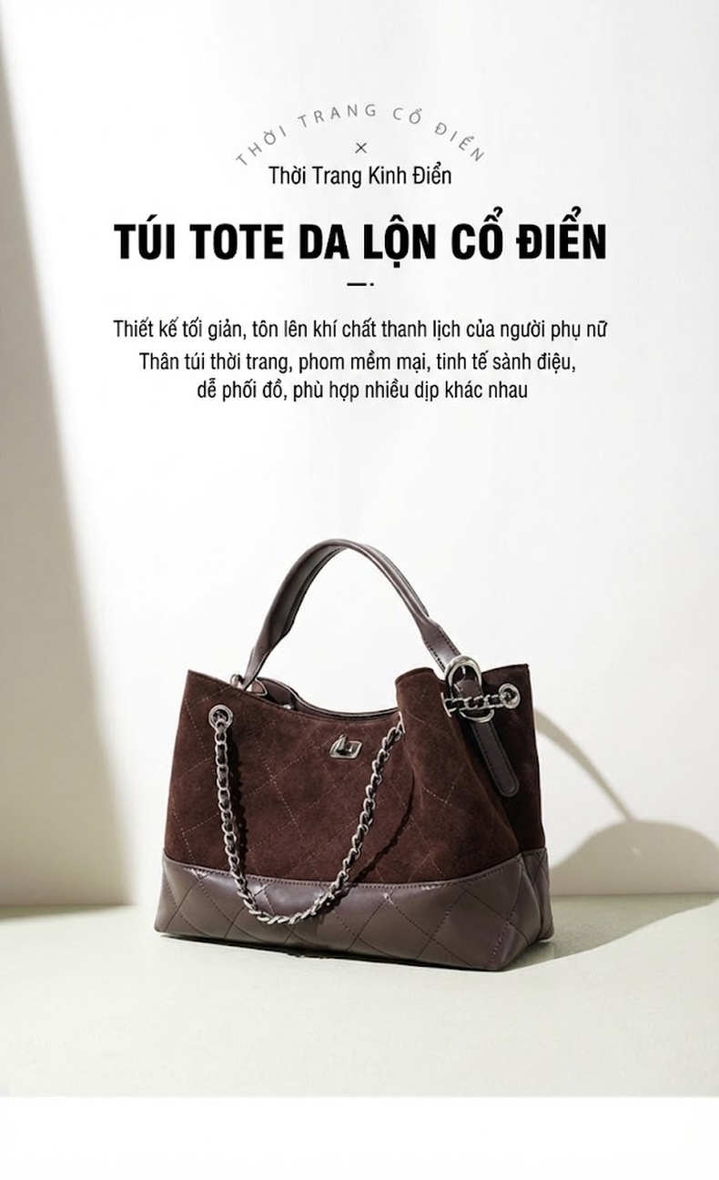 Túi Tote Nữ Da Mờ Trám Ô Lớn Đựng Vừa A4 Quai Xách Tay & Đeo Vai Dây Xích Màu Nâu, Đen, Trắng chi tiết 2