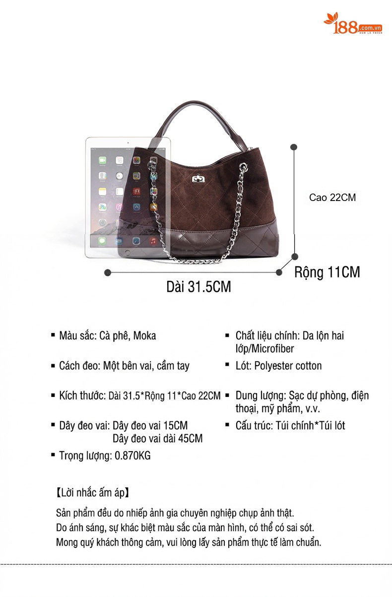 Túi Tote Nữ Da Mờ Trám Ô Lớn Đựng Vừa A4 Quai Xách Tay & Đeo Vai Dây Xích Màu Nâu, Đen, Trắng chi tiết 9