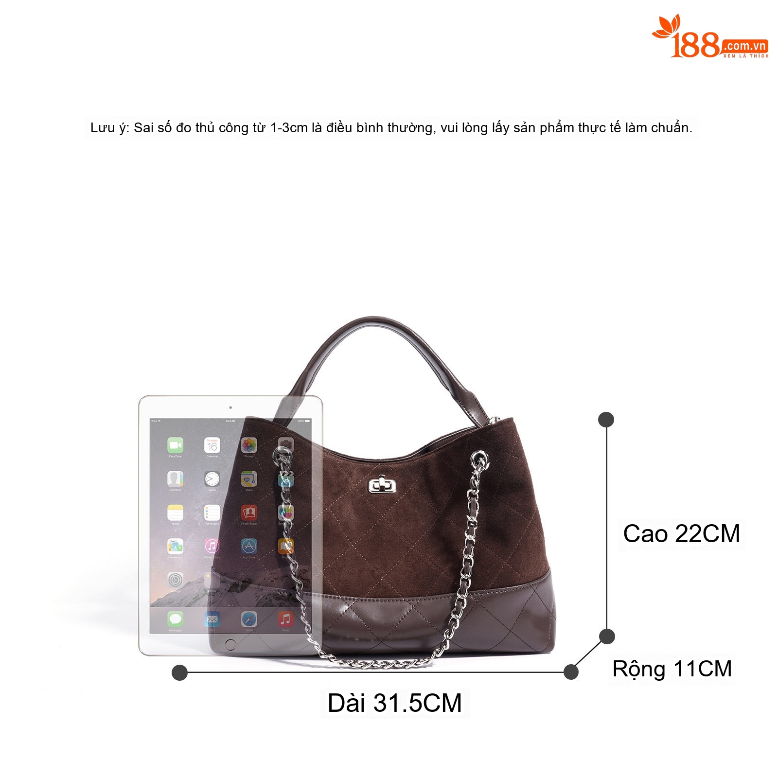 Túi Tote Nữ Da Mờ Trám Ô Lớn Đựng Vừa A4 Quai Xách Tay & Đeo Vai Dây Xích Màu Nâu, Đen, Trắng