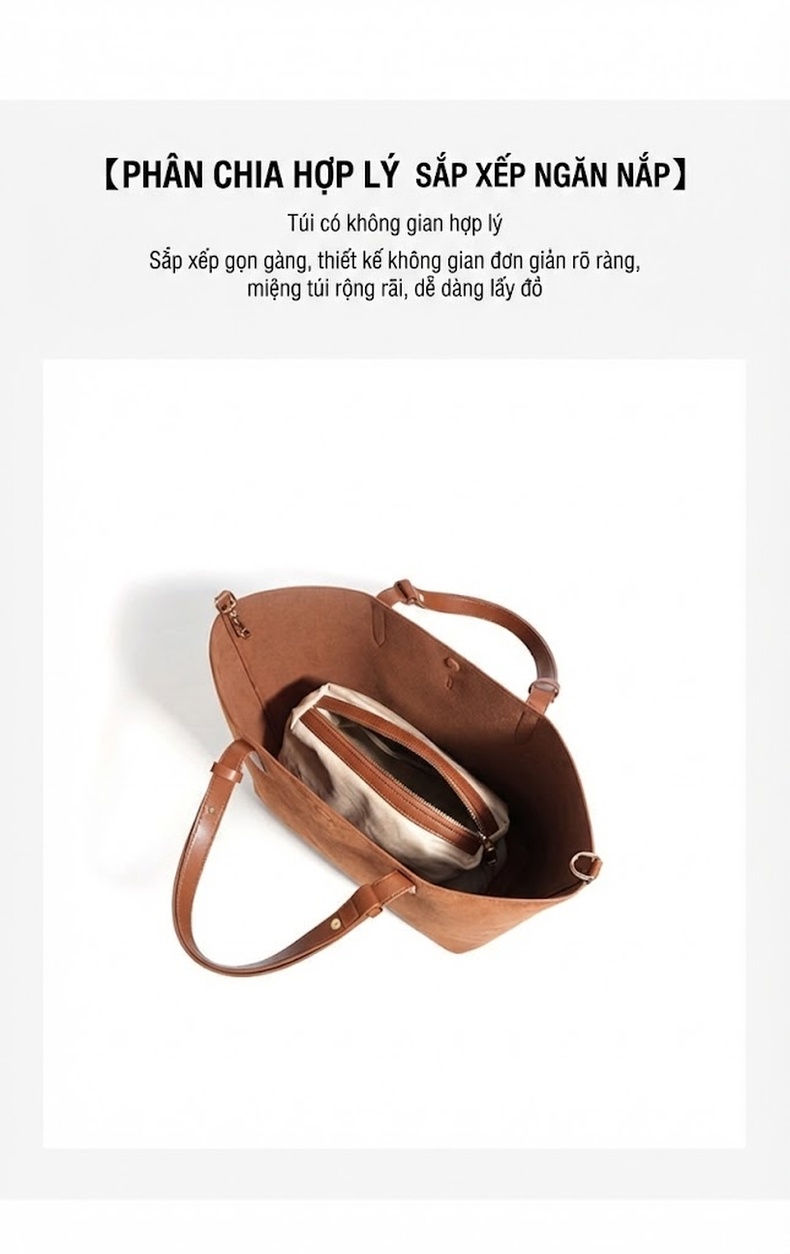 Túi Tote Nữ Da Mờ Vintage Lớn Đựng Vừa A4 Màu Nâu chi tiết 7