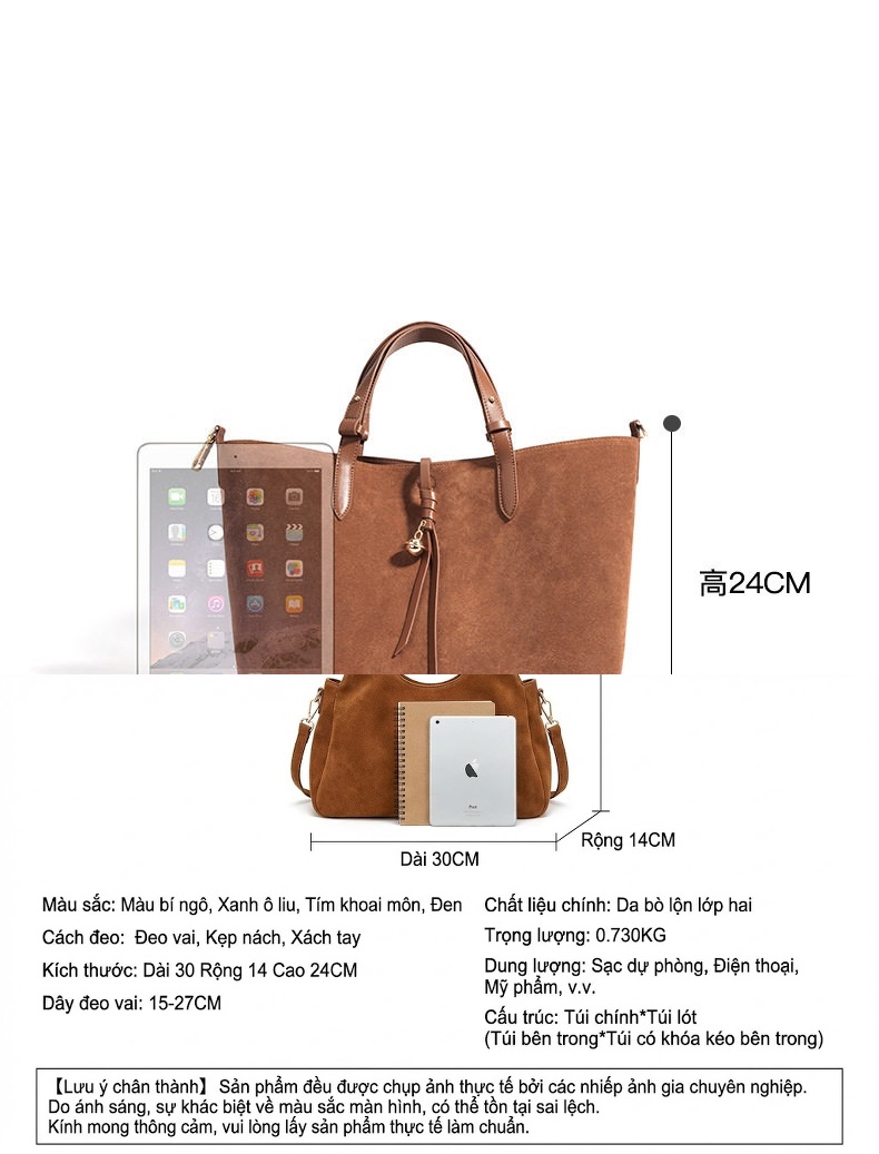 Túi Tote Nữ Da Mờ Vintage Lớn Đựng Vừa A4 Màu Nâu chi tiết 6
