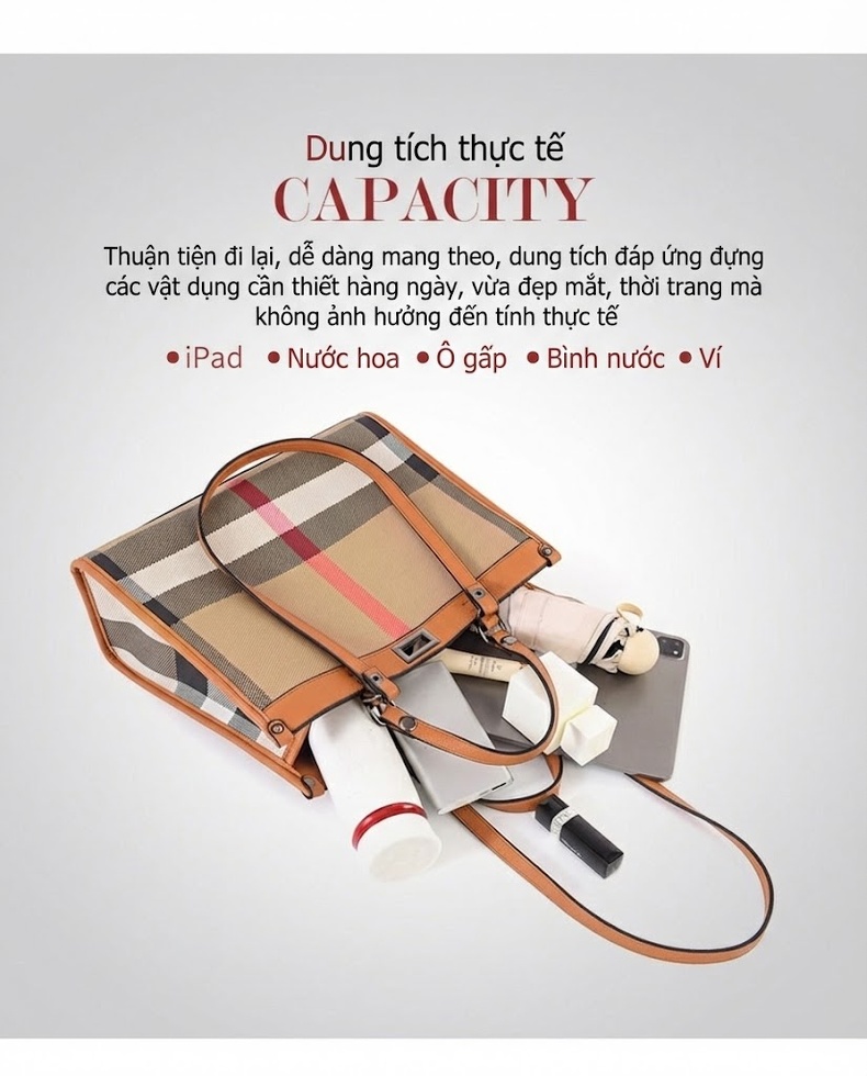 Túi Tote Nữ Da PU Họa Tiết Kẻ Ô Lớn, Túi Đeo Vai Công Sở Đựng Vừa Laptop Màu Nâu, Be, Đỏ, Đen... chi tiết 10