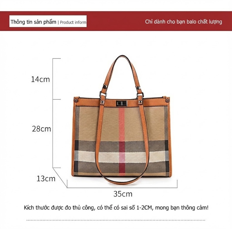 Túi Tote Nữ Da PU Họa Tiết Kẻ Ô Lớn, Túi Đeo Vai Công Sở Đựng Vừa Laptop Màu Nâu, Be, Đỏ, Đen... chi tiết 3