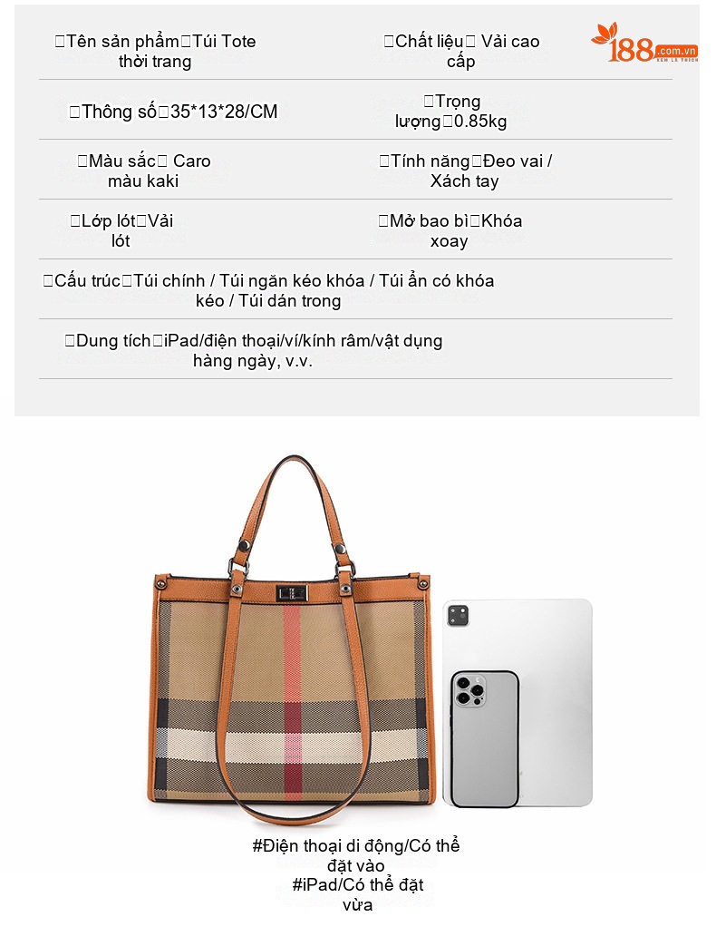 Túi Tote Nữ Da PU Họa Tiết Kẻ Ô Lớn, Túi Đeo Vai Công Sở Đựng Vừa Laptop Màu Nâu, Be, Đỏ, Đen... chi tiết 4