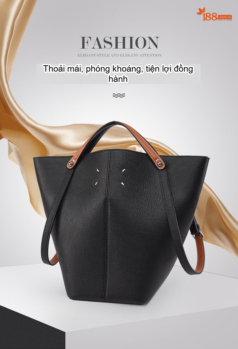 Túi Tote Nữ Da Sần Đựng Vừa A4 Kiểu Dáng Bucket Thời Trang Màu Đen, Nâu Đỏ chi tiết 1