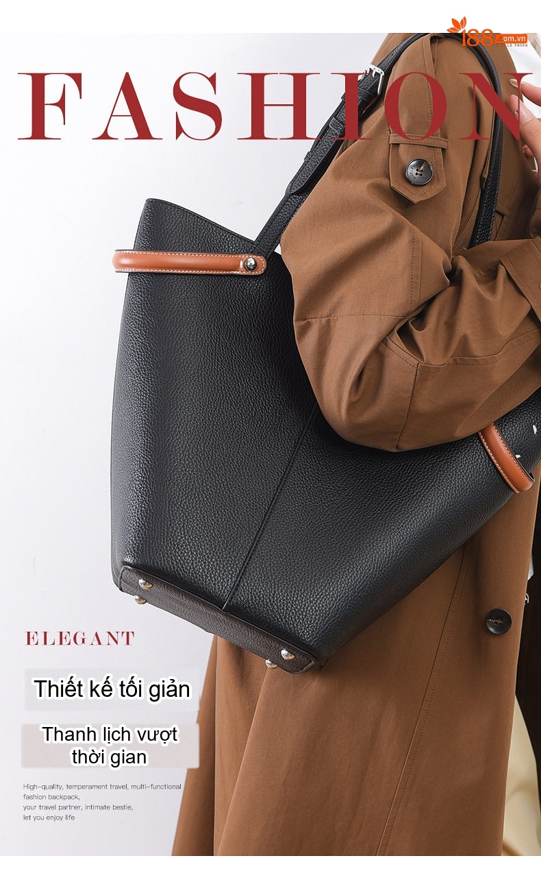 Túi Tote Nữ Da Sần Đựng Vừa A4 Kiểu Dáng Bucket Thời Trang Màu Đen, Nâu Đỏ chi tiết 2