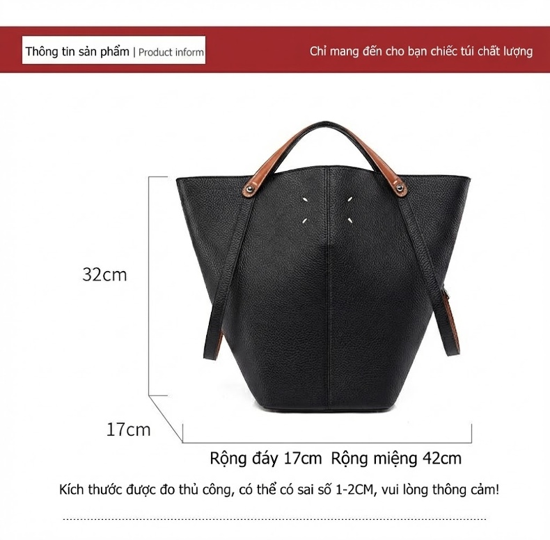 Túi Tote Nữ Da Sần Đựng Vừa A4 Kiểu Dáng Bucket Thời Trang Màu Đen, Nâu Đỏ chi tiết 3